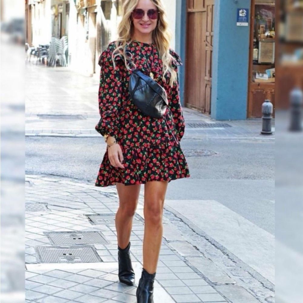 Zara long sleeve poplin floral ruffle mini dress